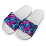 Neon Ethnic Aztec Trippy Print White Slide Sandals