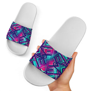 Neon Ethnic Aztec Trippy Print White Slide Sandals