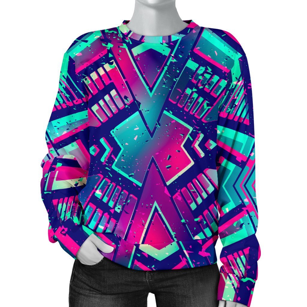 Neon Ethnic Aztec Trippy Print Women's Crewneck Sweatshirt GearFrost