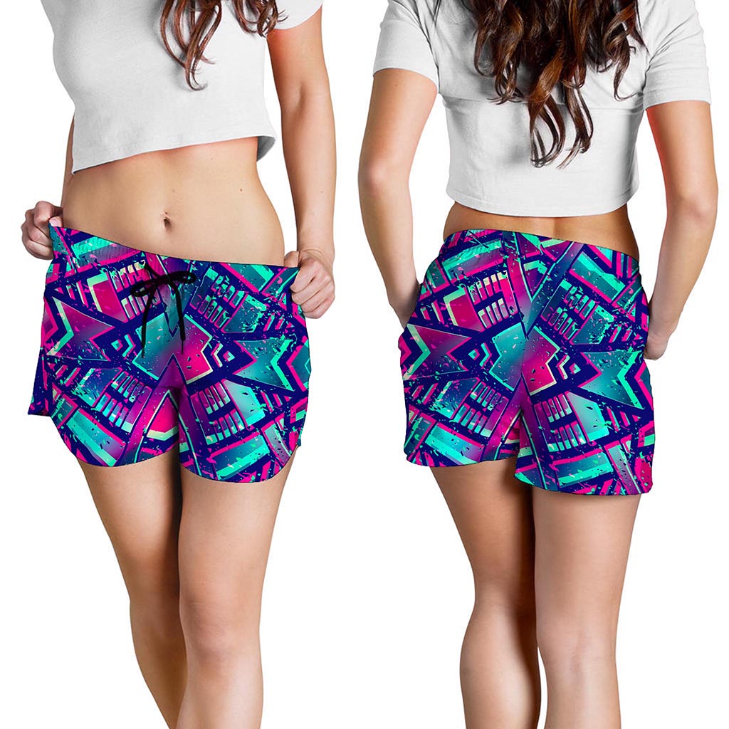 Neon Ethnic Aztec Trippy Print Women's Shorts