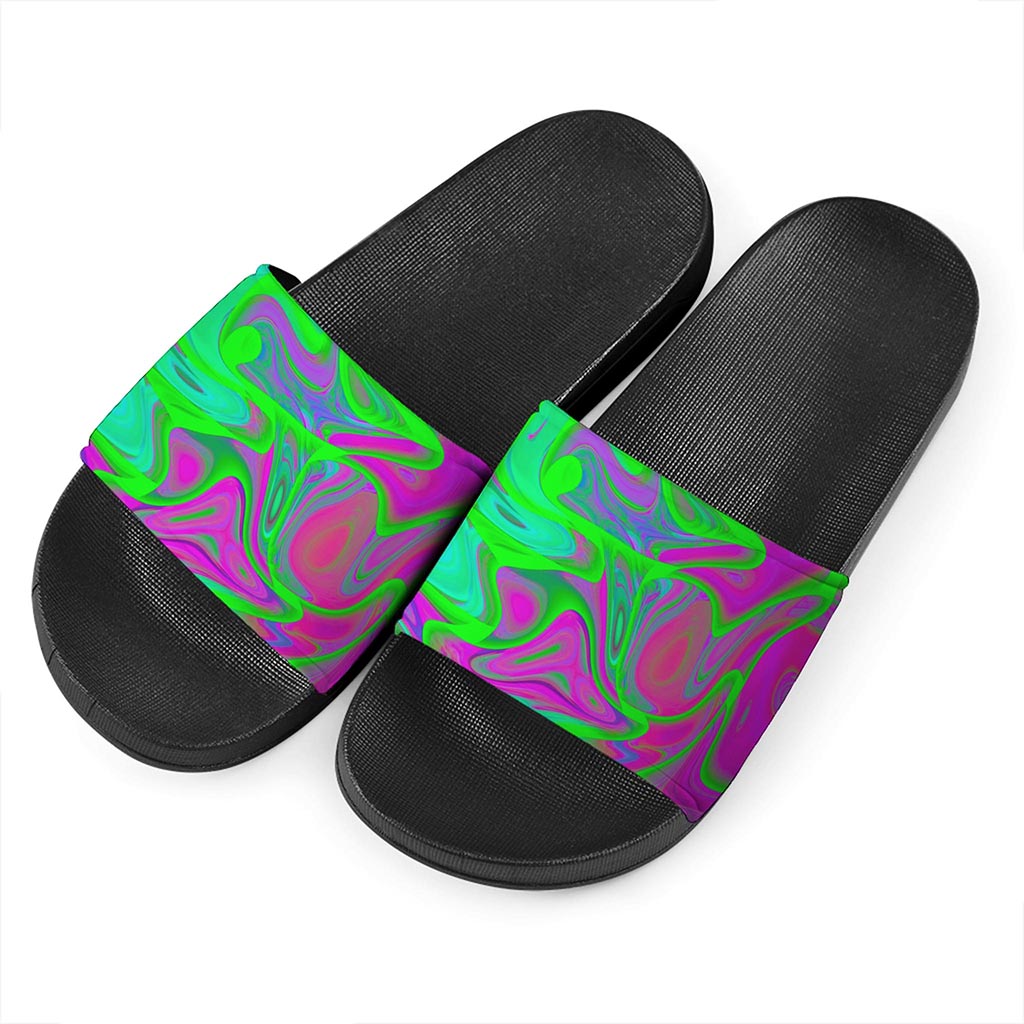Neon Green Pink Psychedelic Trippy Print Black Slide Sandals