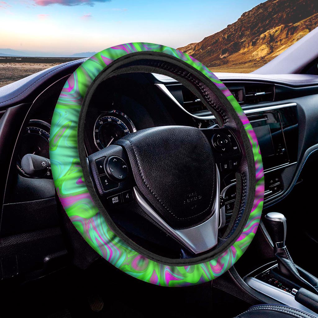 Neon Green Pink Psychedelic Trippy Print Car Steering Wheel Cover