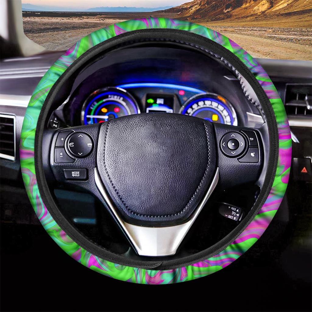 Neon Green Pink Psychedelic Trippy Print Car Steering Wheel Cover