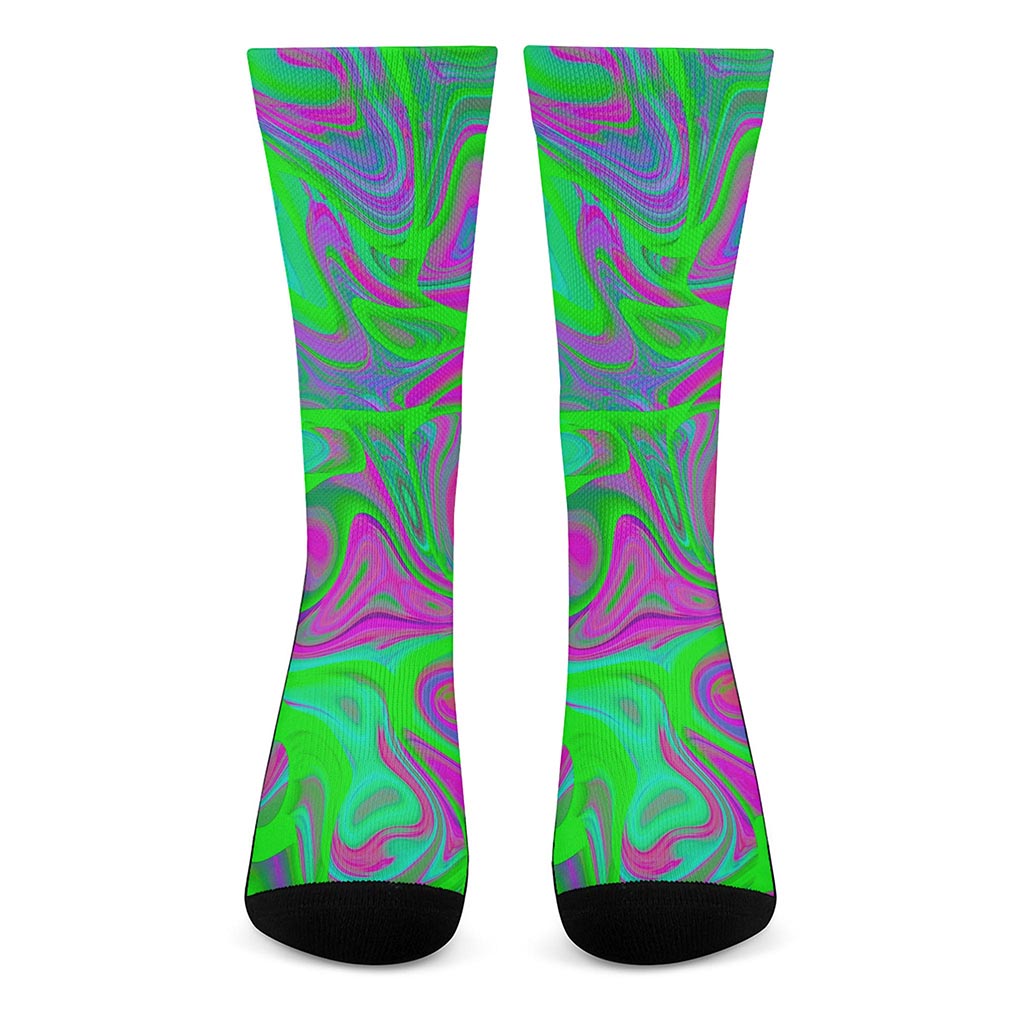 Neon Green Pink Psychedelic Trippy Print Crew Socks