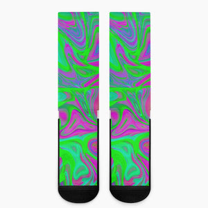 Neon Green Pink Psychedelic Trippy Print Crew Socks