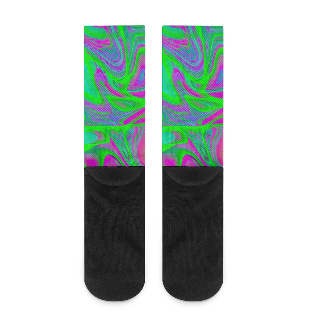 Neon Green Pink Psychedelic Trippy Print Crew Socks