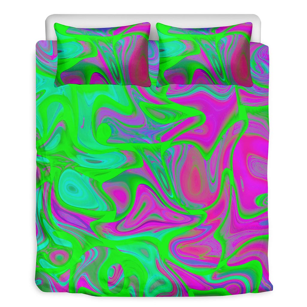 Neon Green Pink Psychedelic Trippy Print Duvet Cover Bedding Set