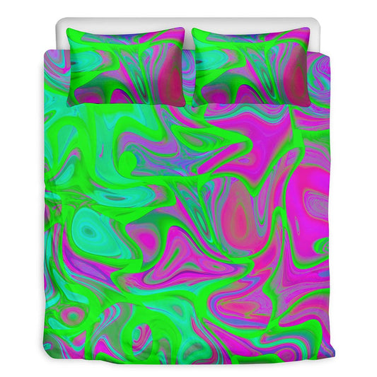 Neon Green Pink Psychedelic Trippy Print Duvet Cover Bedding Set