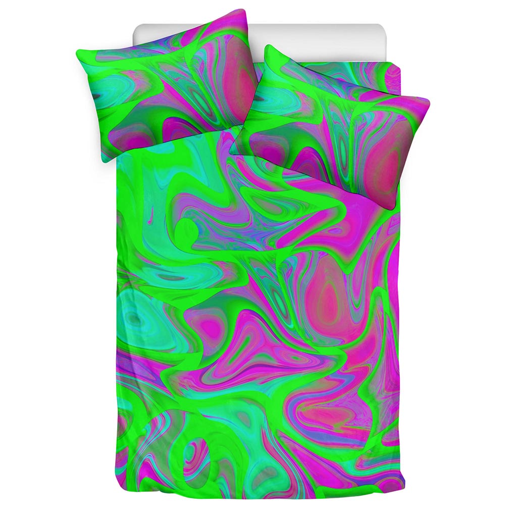 Neon Green Pink Psychedelic Trippy Print Duvet Cover Bedding Set