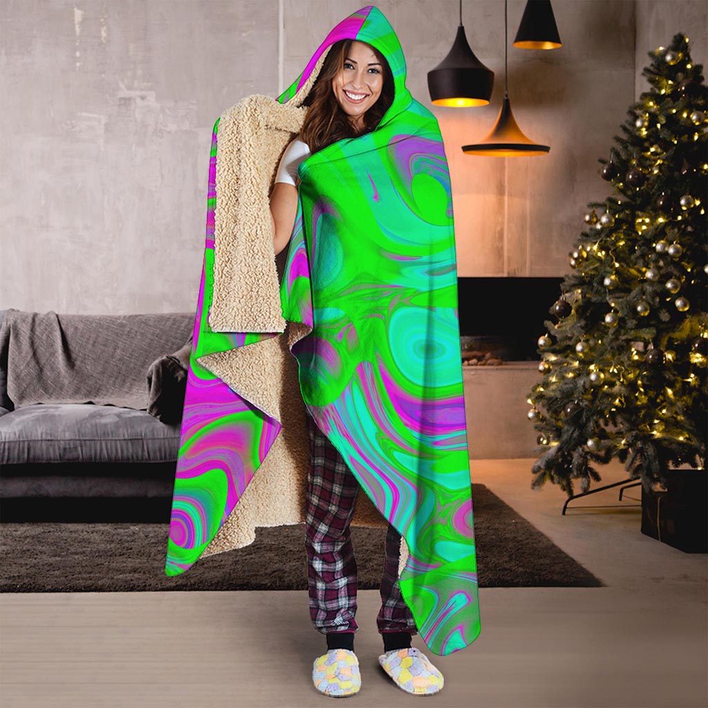Neon Green Pink Psychedelic Trippy Print Hooded Blanket