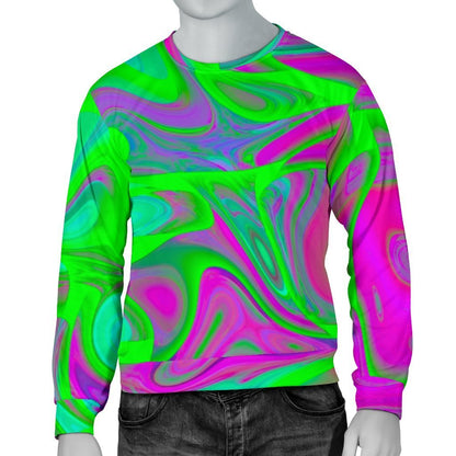Neon Green Pink Psychedelic Trippy Print Men's Crewneck Sweatshirt GearFrost