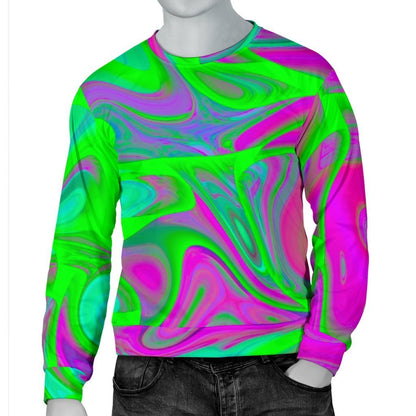 Neon Green Pink Psychedelic Trippy Print Men's Crewneck Sweatshirt GearFrost