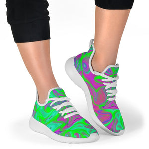 Neon Green Pink Psychedelic Trippy Print Mesh Knit Shoes GearFrost