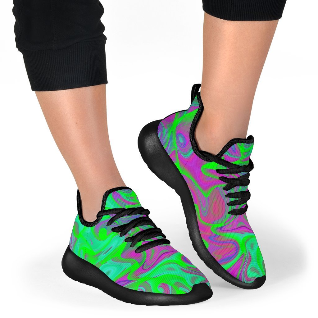 Neon Green Pink Psychedelic Trippy Print Mesh Knit Shoes GearFrost