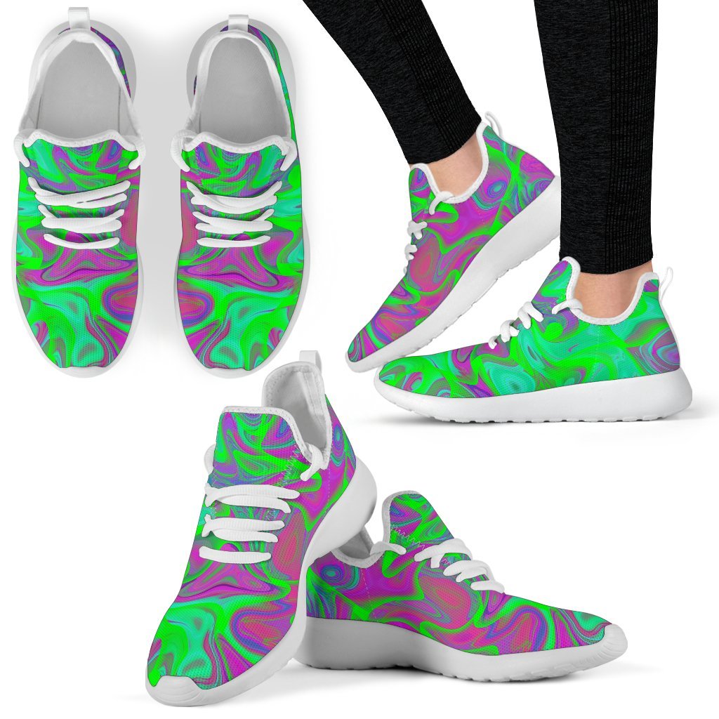 Neon Green Pink Psychedelic Trippy Print Mesh Knit Shoes GearFrost