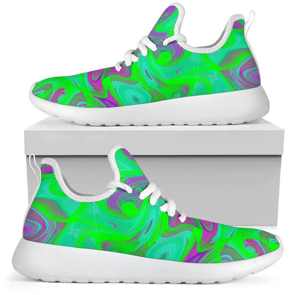 Neon Green Pink Psychedelic Trippy Print Mesh Knit Shoes GearFrost