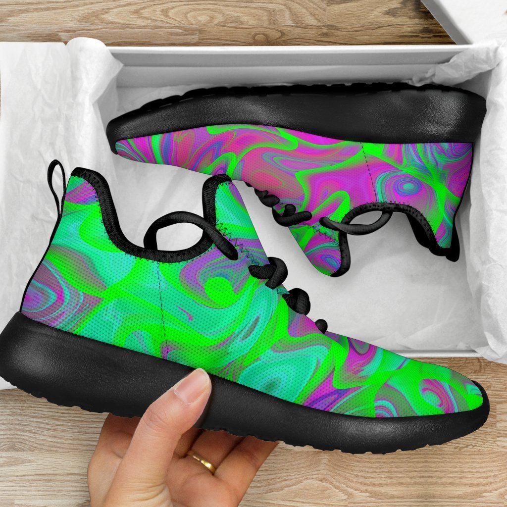 Neon Green Pink Psychedelic Trippy Print Mesh Knit Shoes GearFrost