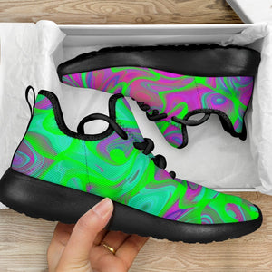 Neon Green Pink Psychedelic Trippy Print Mesh Knit Shoes GearFrost