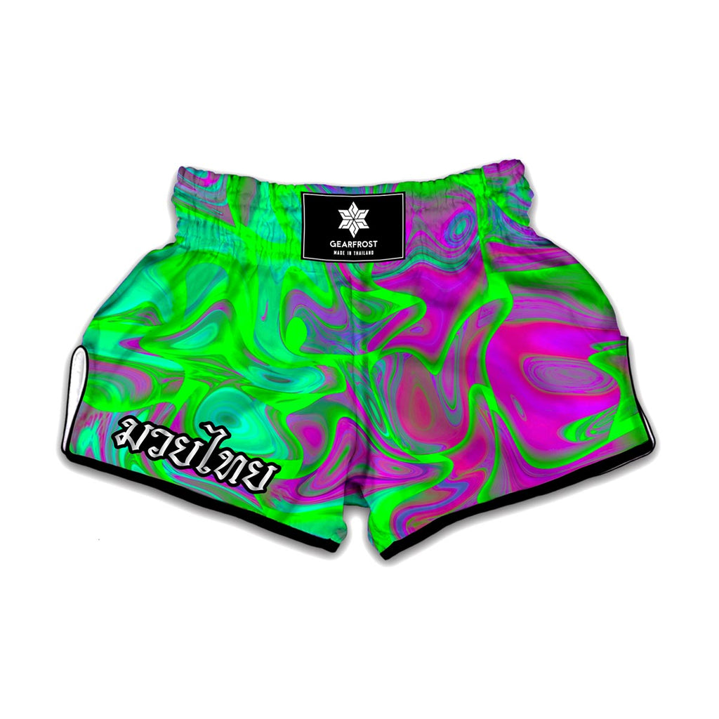 Neon Green Pink Psychedelic Trippy Print Muay Thai Boxing Shorts