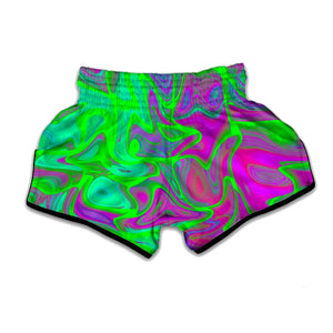 Neon Green Pink Psychedelic Trippy Print Muay Thai Boxing Shorts