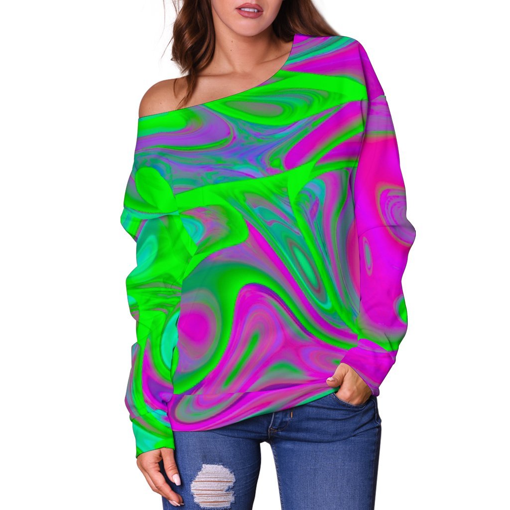 Neon Green Pink Psychedelic Trippy Print Off Shoulder Sweatshirt GearFrost
