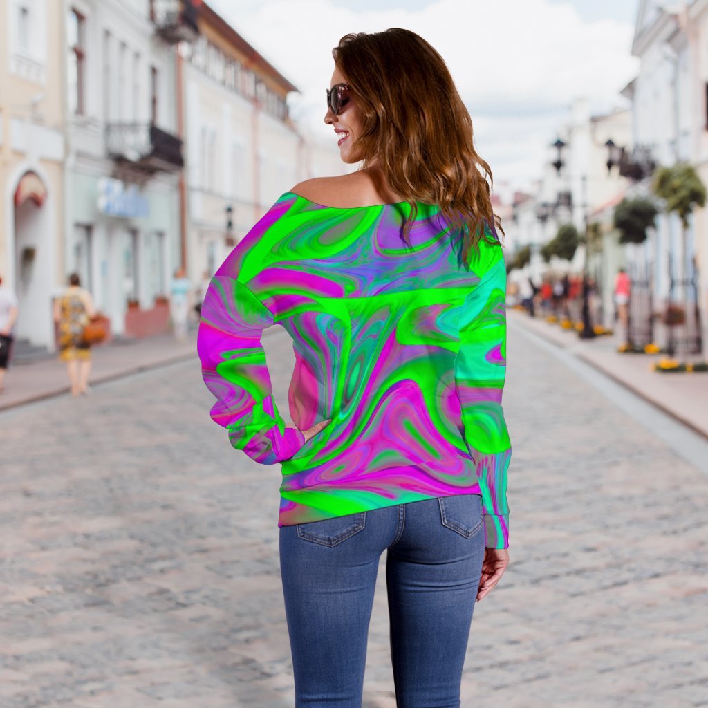 Neon Green Pink Psychedelic Trippy Print Off Shoulder Sweatshirt GearFrost