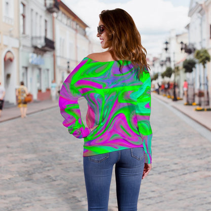 Neon Green Pink Psychedelic Trippy Print Off Shoulder Sweatshirt GearFrost