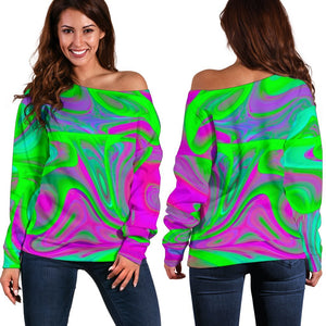 Neon Green Pink Psychedelic Trippy Print Off Shoulder Sweatshirt GearFrost