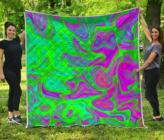 Neon Green Pink Psychedelic Trippy Print Quilt