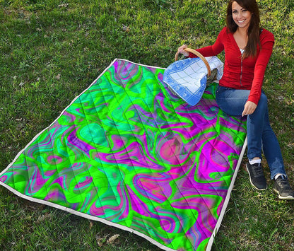 Neon Green Pink Psychedelic Trippy Print Quilt