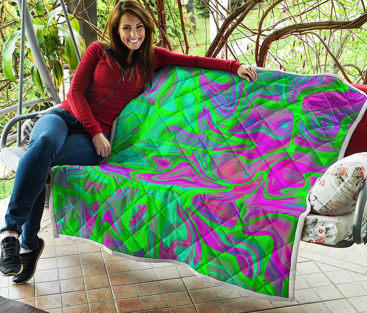 Neon Green Pink Psychedelic Trippy Print Quilt