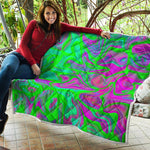 Neon Green Pink Psychedelic Trippy Print Quilt