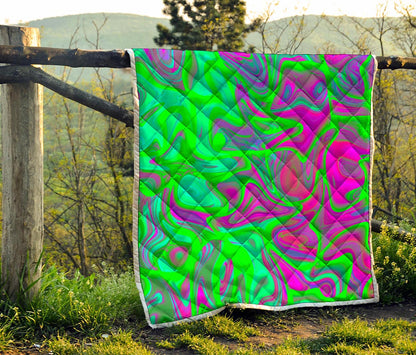 Neon Green Pink Psychedelic Trippy Print Quilt