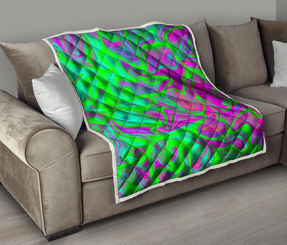 Neon Green Pink Psychedelic Trippy Print Quilt