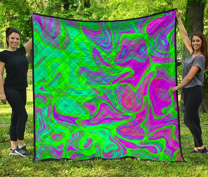 Neon Green Pink Psychedelic Trippy Print Quilt