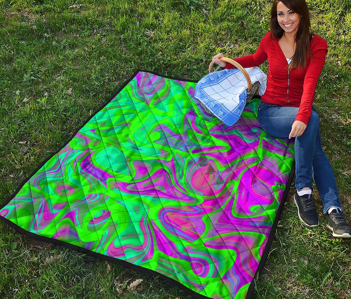 Neon Green Pink Psychedelic Trippy Print Quilt