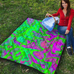 Neon Green Pink Psychedelic Trippy Print Quilt