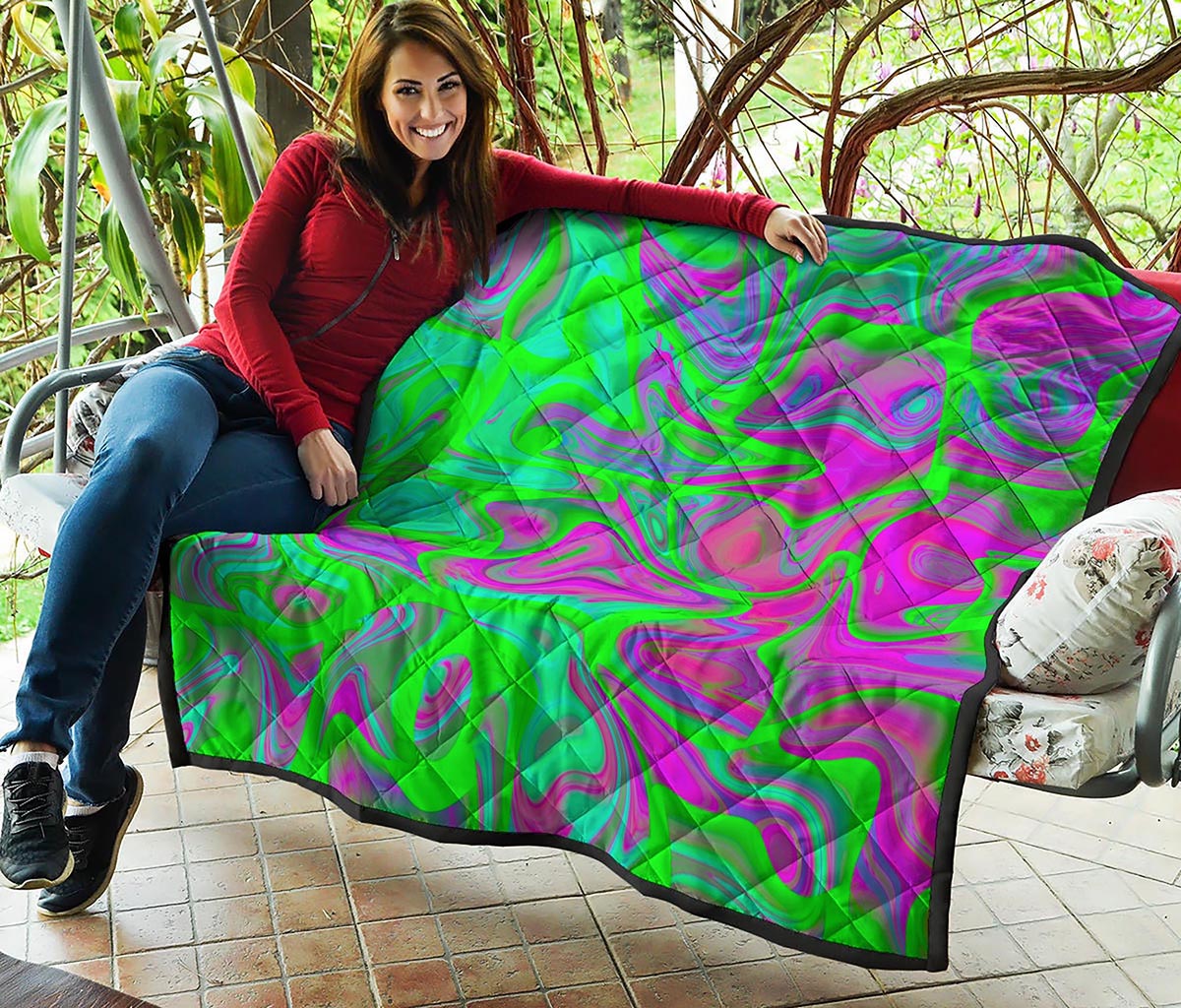Neon Green Pink Psychedelic Trippy Print Quilt