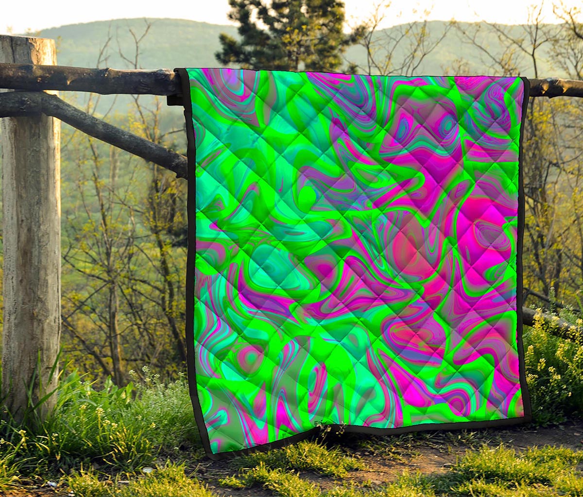 Neon Green Pink Psychedelic Trippy Print Quilt