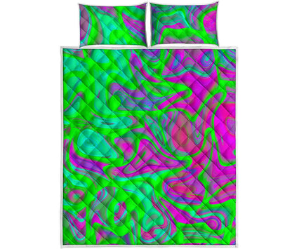 Neon Green Pink Psychedelic Trippy Print Quilt Bed Set