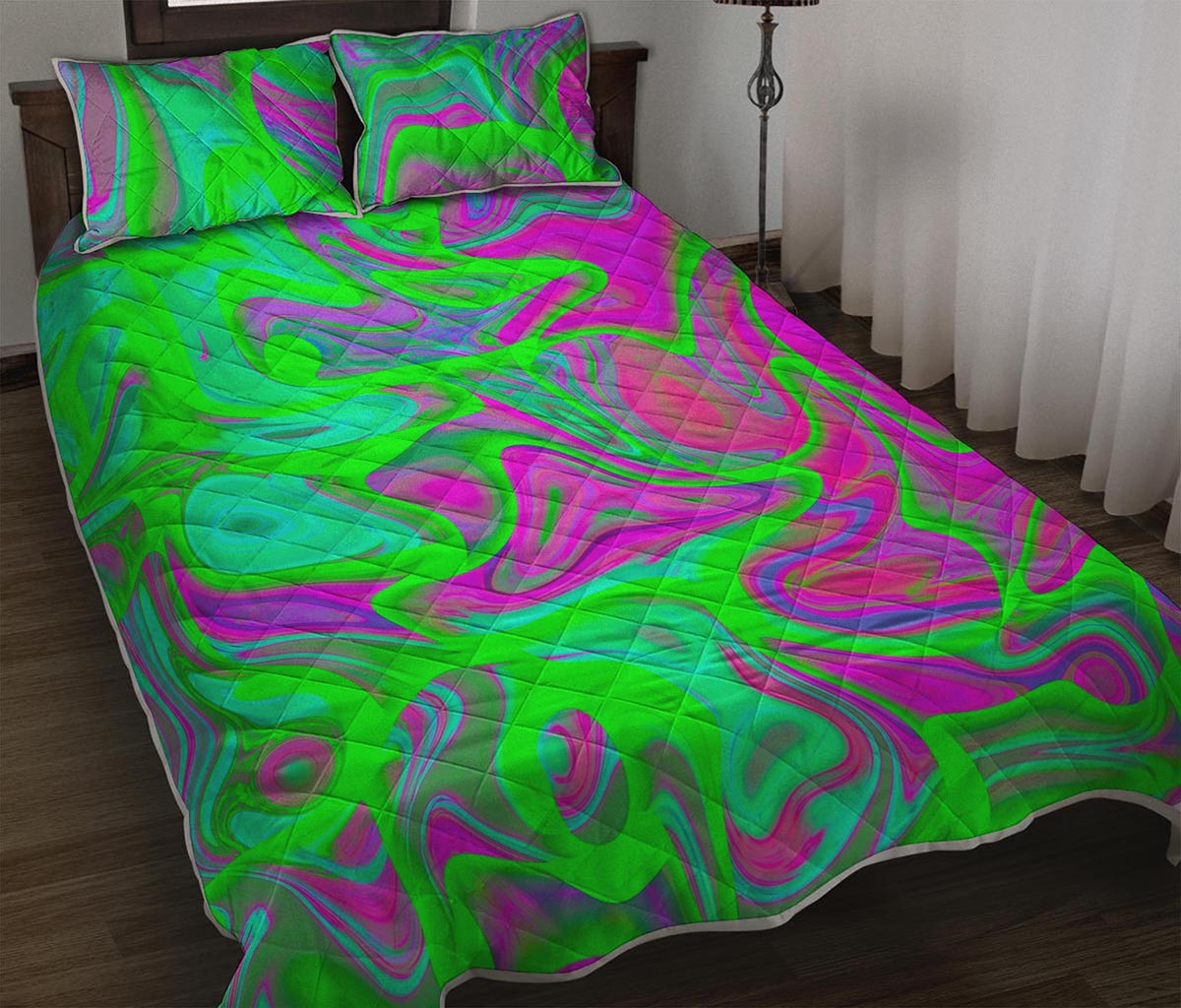 Neon Green Pink Psychedelic Trippy Print Quilt Bed Set