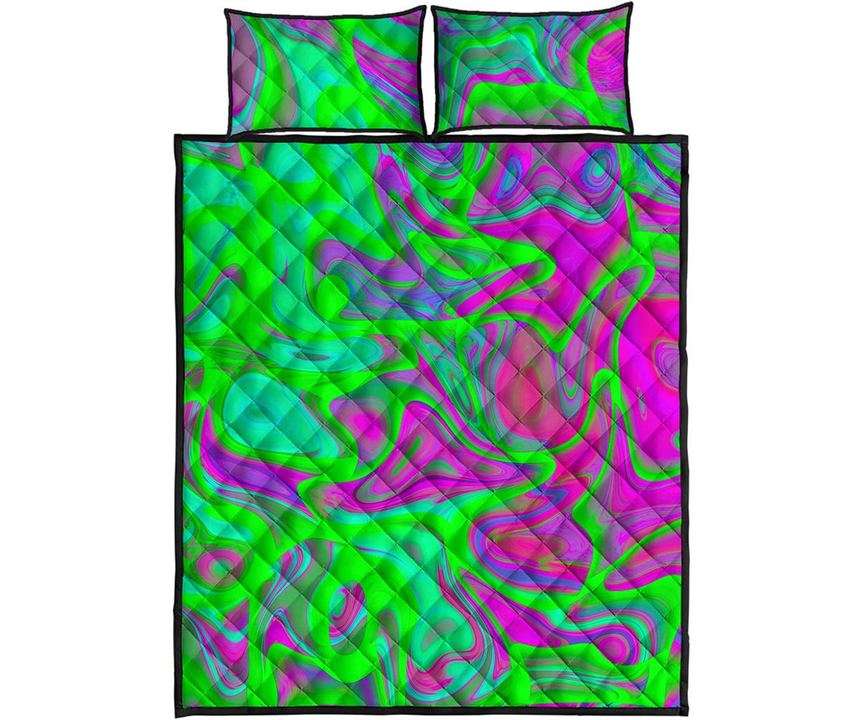Neon Green Pink Psychedelic Trippy Print Quilt Bed Set