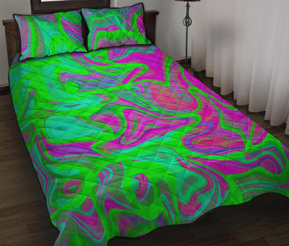 Neon Green Pink Psychedelic Trippy Print Quilt Bed Set