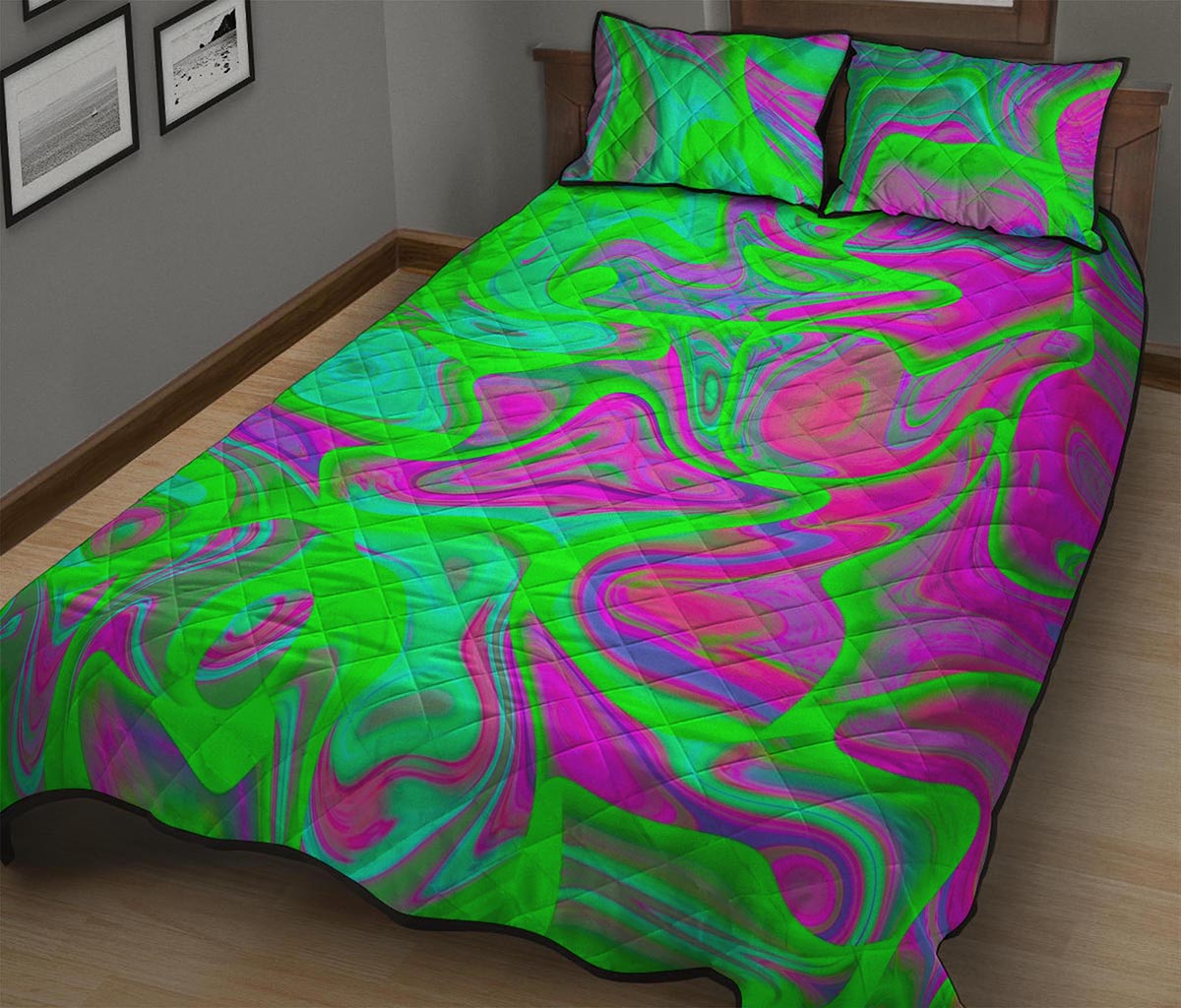 Neon Green Pink Psychedelic Trippy Print Quilt Bed Set