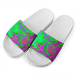 Neon Green Pink Psychedelic Trippy Print White Slide Sandals