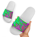 Neon Green Pink Psychedelic Trippy Print White Slide Sandals
