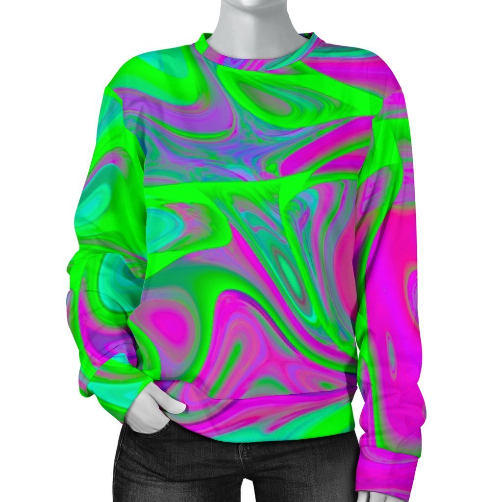 Neon Green Pink Psychedelic Trippy Print Women's Crewneck Sweatshirt GearFrost