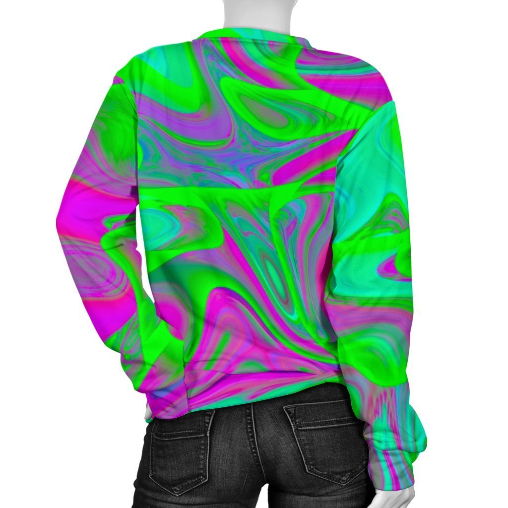 Neon Green Pink Psychedelic Trippy Print Women's Crewneck Sweatshirt GearFrost