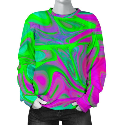 Neon Green Pink Psychedelic Trippy Print Women's Crewneck Sweatshirt GearFrost