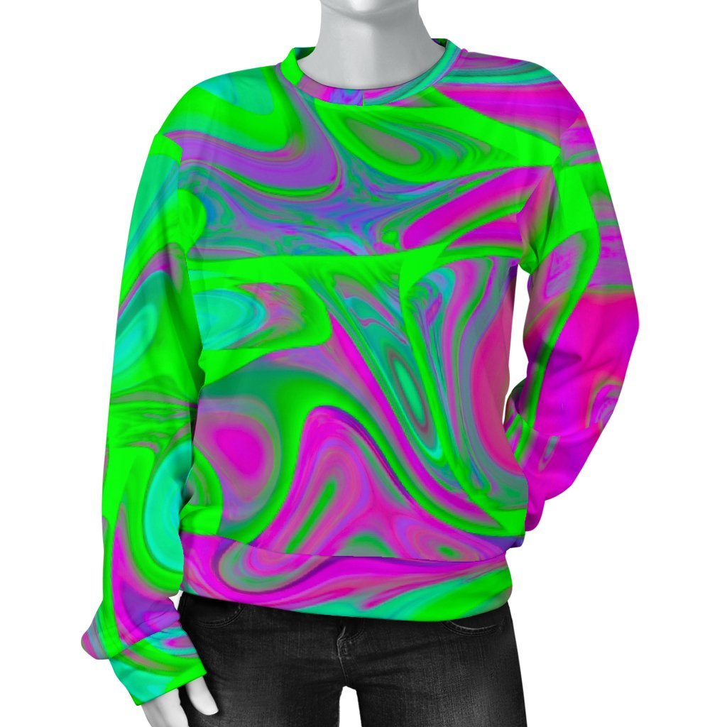 Neon Green Pink Psychedelic Trippy Print Women's Crewneck Sweatshirt GearFrost